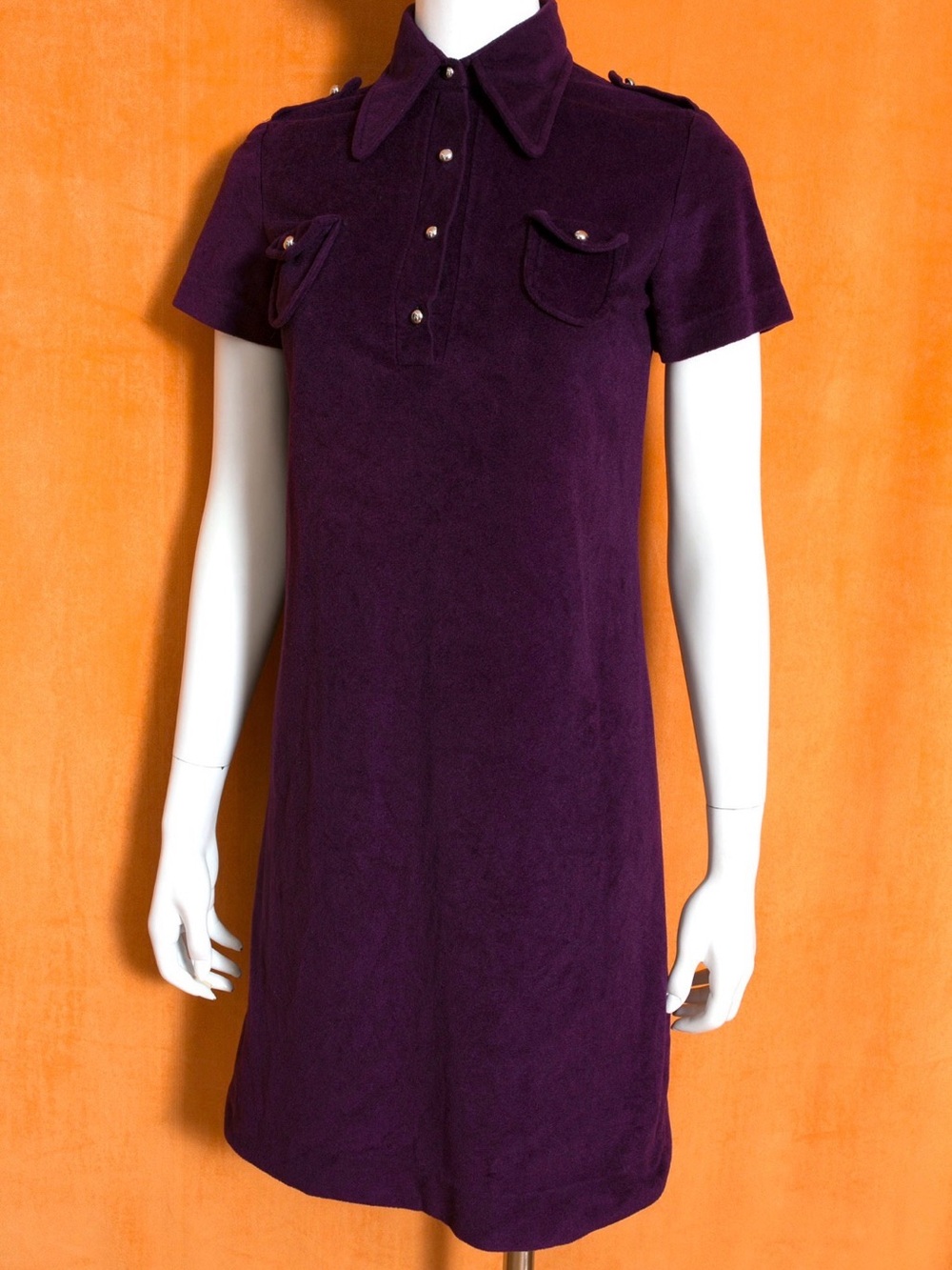VINTAGE Union Made 60s/70s purple velour dagger collar dress with chest pockets